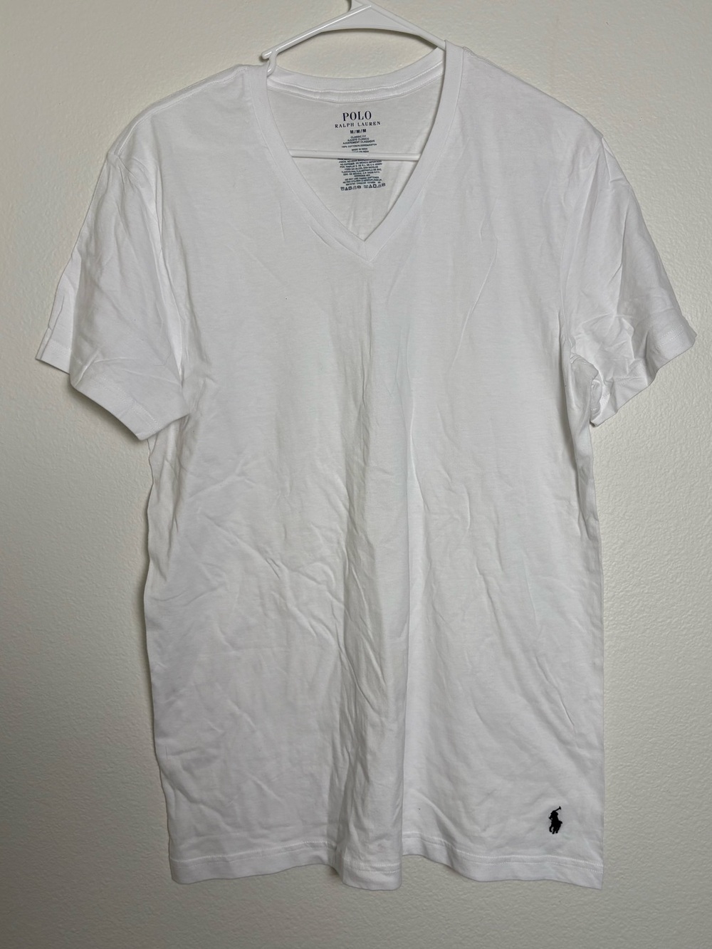 Polo by Ralph Lauren White V-Neck Tee with Navy Pony Accent Mens Size Medium